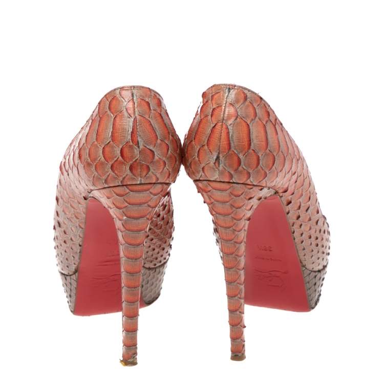 Pre Owned Christian Louboutin Orange/Brown Python Leather Bianca Pumps Size 38.5