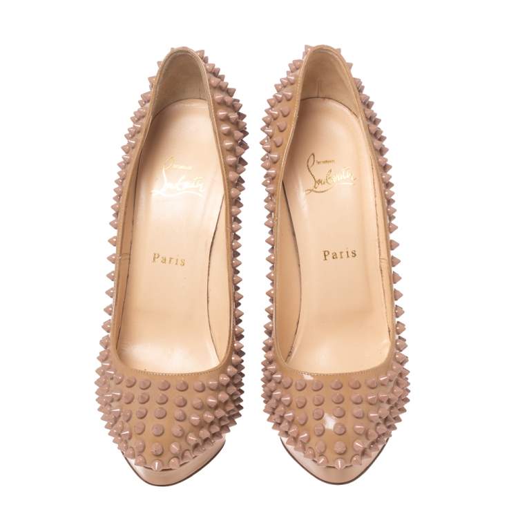 Pre Owned Christian Louboutin Beige Patent Leather Alti Spiked Platform Pumps Size 39