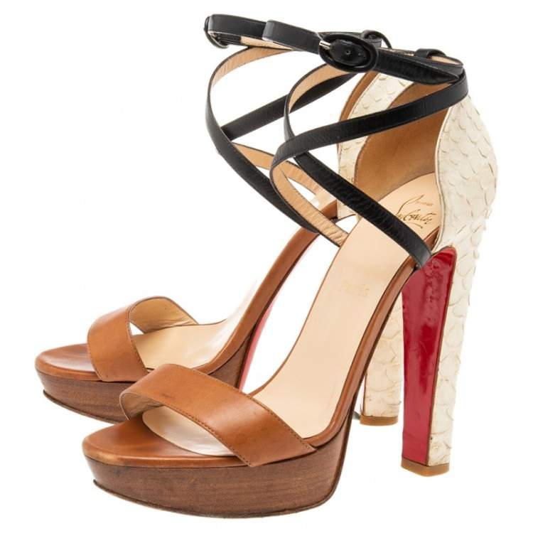 Pre Owned Christian Louboutin Brown/White Python And Leather Platform Ankle Strap Sandals Size 39