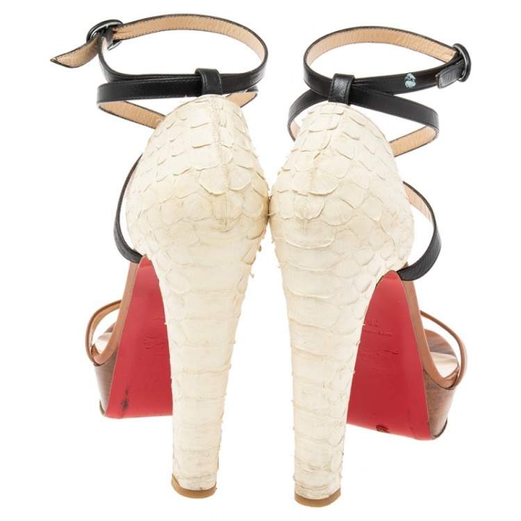 Pre Owned Christian Louboutin Brown/White Python And Leather Platform Ankle Strap Sandals Size 39