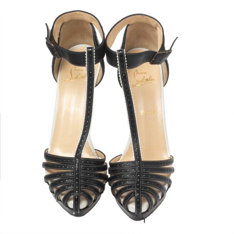 Pre Owned Christian Louboutin Black Perforated Leather Strappy T-Bar Platform Sandals Size 39.5