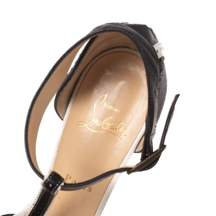 Pre Owned Christian Louboutin Black Perforated Leather Strappy T-Bar Platform Sandals Size 39.5