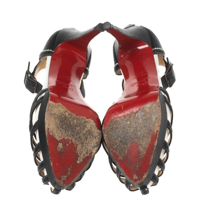 Pre Owned Christian Louboutin Black Perforated Leather Strappy T-Bar Platform Sandals Size 39.5
