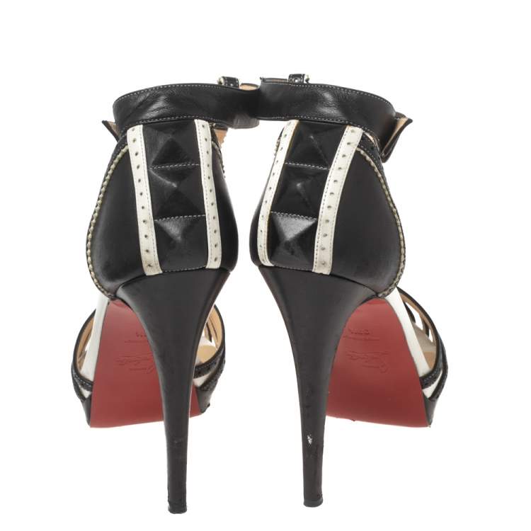 Pre Owned Christian Louboutin Black Perforated Leather Strappy T-Bar Platform Sandals Size 39.5