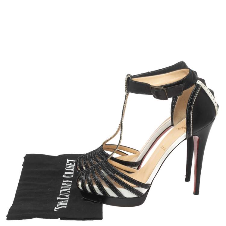 Pre Owned Christian Louboutin Black Perforated Leather Strappy T-Bar Platform Sandals Size 39.5