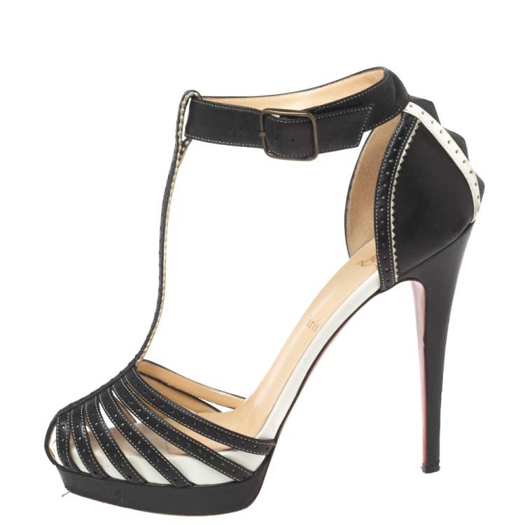Pre Owned Christian Louboutin Black Perforated Leather Strappy T-Bar Platform Sandals Size 39.5
