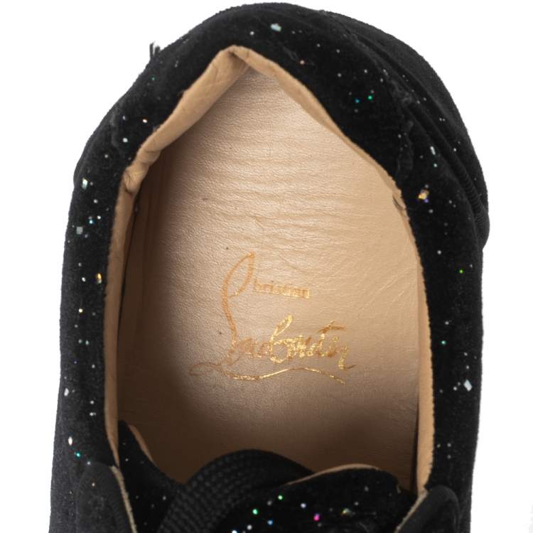 مملوكة مسبقًا Christian Louboutin Black Glitter Velvet Louis Junior Spikes Sneakers Size 38