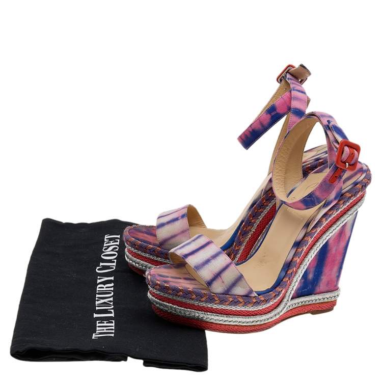 Pre Owned Christian Louboutin Multicolor Tie-Dye Fabric Duplice Platform Wedge Sandals Size 37