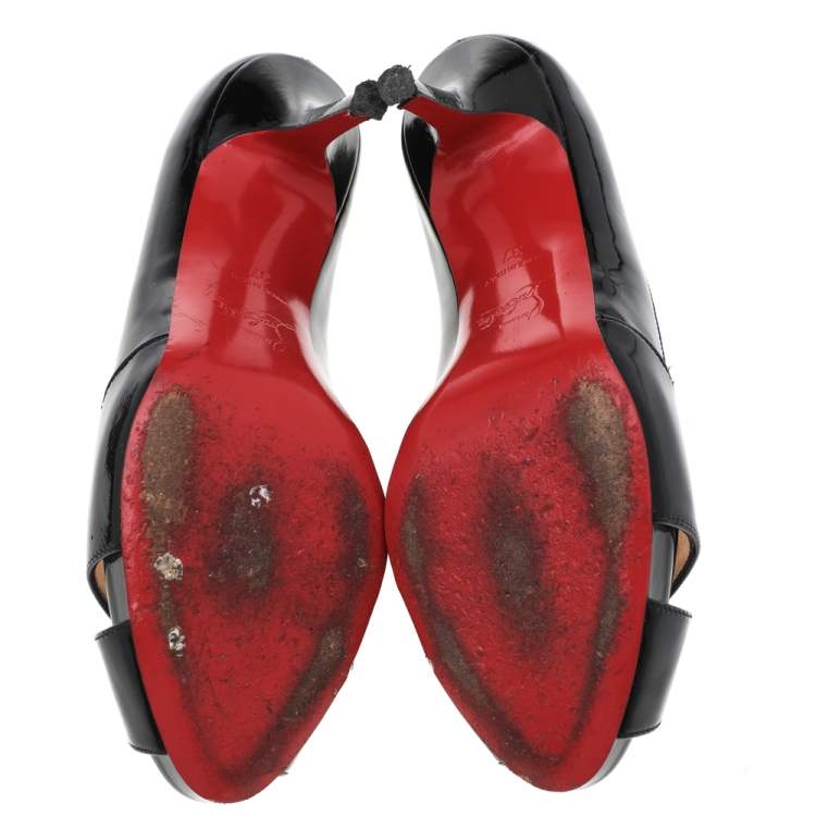 Pre Owned Christian Louboutin Black Patent Leather Shelley Peep Toe Pumps Size 37