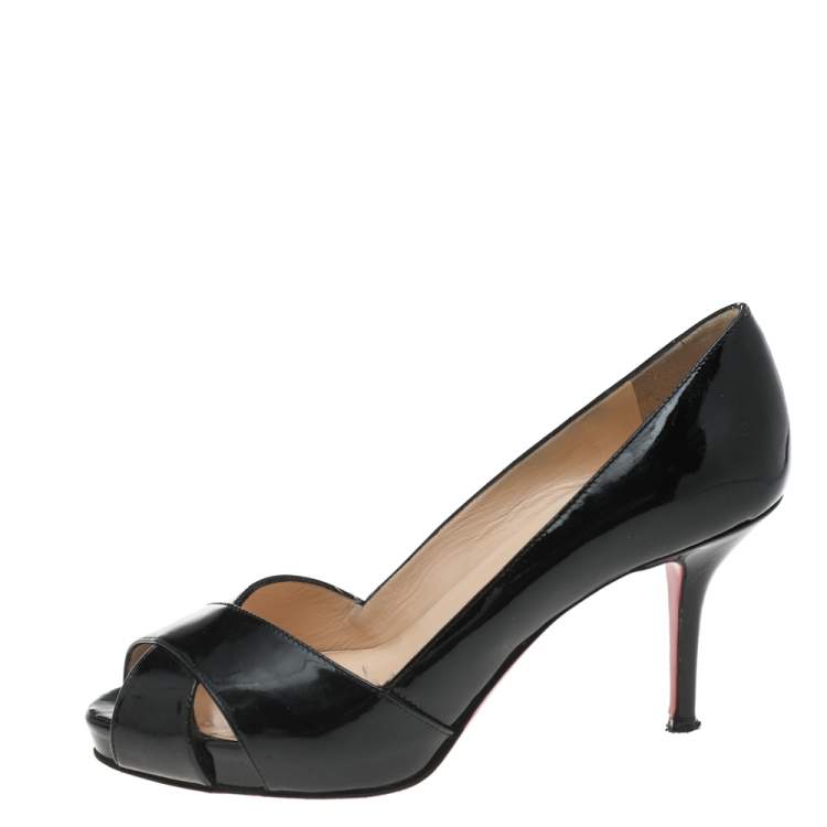 Pre Owned Christian Louboutin Black Patent Leather Shelley Peep Toe Pumps Size 37