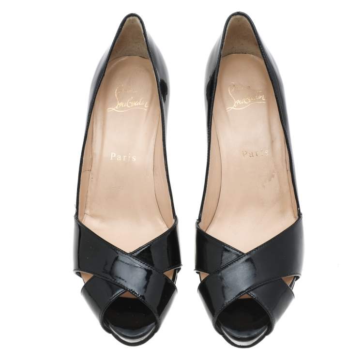 Pre Owned Christian Louboutin Black Patent Leather Shelley Peep Toe Pumps Size 37
