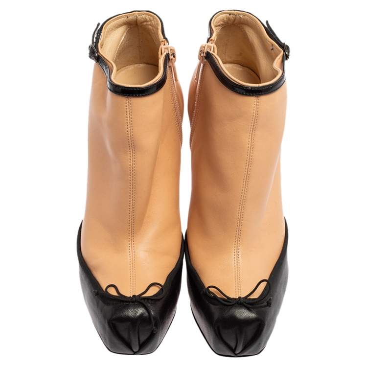 Pre Owned Christian Louboutin Beige/Black Leather Bow Ankle Boots Size 36.5