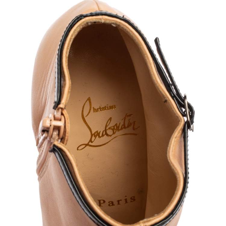 Pre Owned Christian Louboutin Beige/Black Leather Bow Ankle Boots Size 36.5