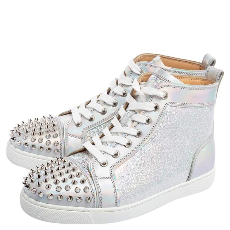 Pre Owned Christian Louboutin Silver Leather Orlato Spikes Sneakers Size 38.5