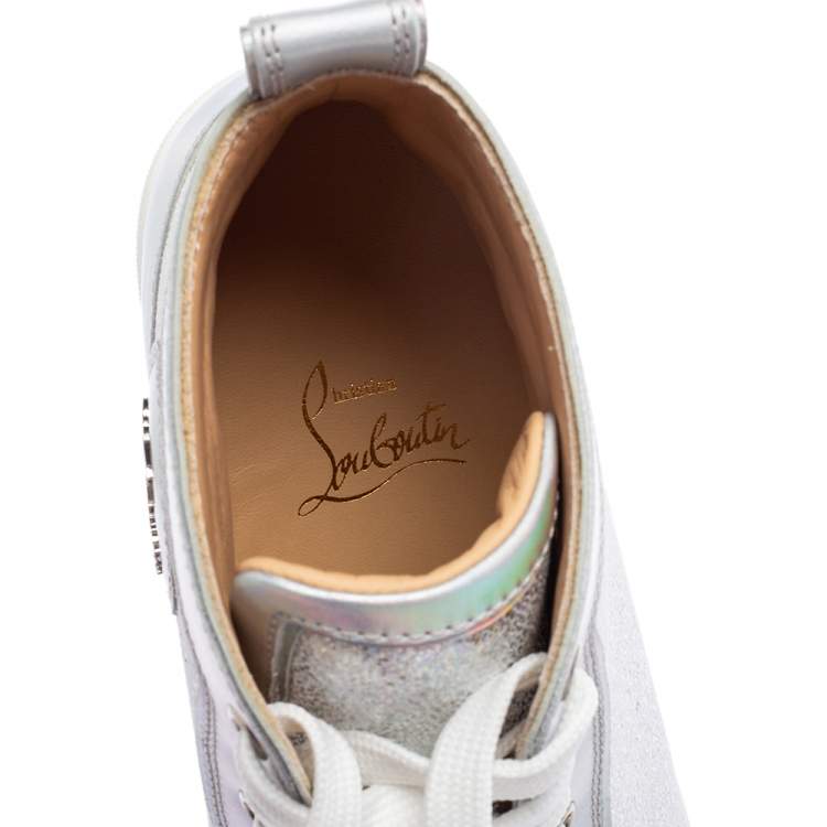 Pre Owned Christian Louboutin Silver Leather Orlato Spikes Sneakers Size 38.5