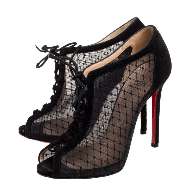 Pre Owned Christian Louboutin Black Mesh and Suede Lace-Up Peep-Toe Booties Size 38.5 