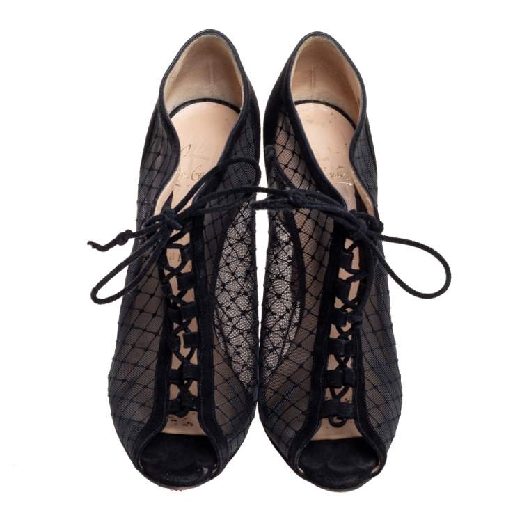Pre Owned Christian Louboutin Black Mesh and Suede Lace-Up Peep-Toe Booties Size 38.5 