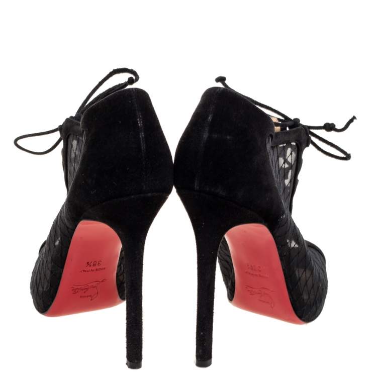 Pre Owned Christian Louboutin Black Mesh and Suede Lace-Up Peep-Toe Booties Size 38.5 