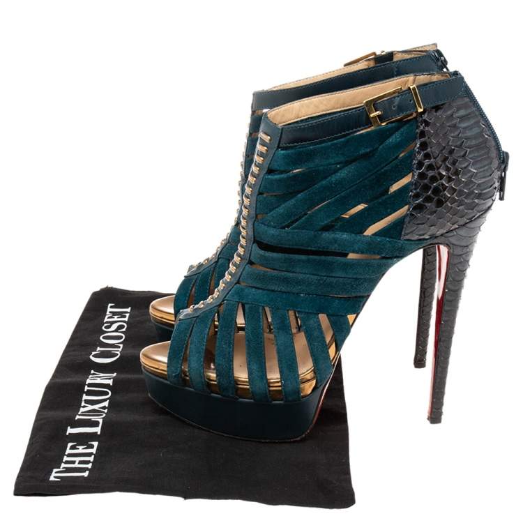 Pre Owned Christian Louboutin Dark Teal Suede and Python Leather Caged Karina Booties Size 38.5