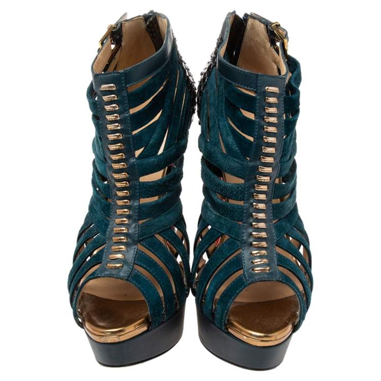 Pre Owned Christian Louboutin Dark Teal Suede and Python Leather Caged Karina Booties Size 38.5