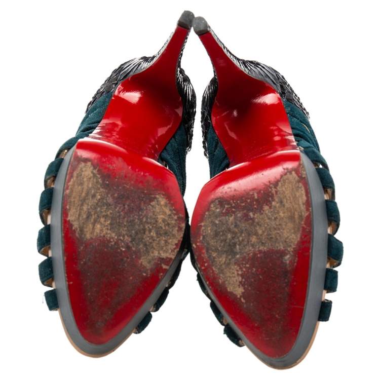 Pre Owned Christian Louboutin Dark Teal Suede and Python Leather Caged Karina Booties Size 38.5