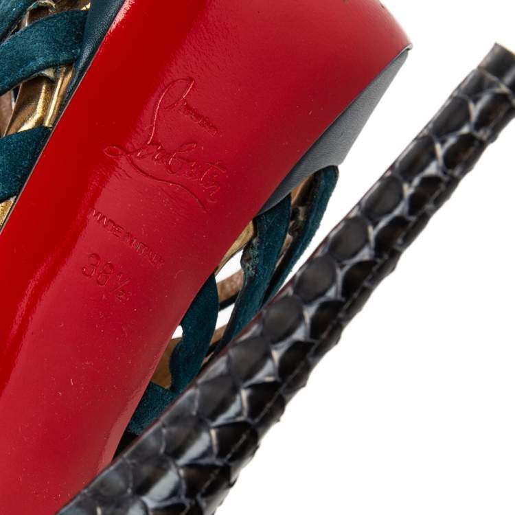 Pre Owned Christian Louboutin Dark Teal Suede and Python Leather Caged Karina Booties Size 38.5
