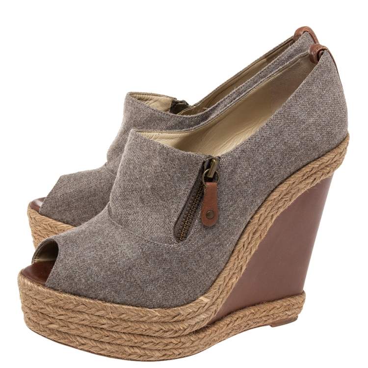 Pre Owned Christian Louboutin Grey Wool Deroba Espadrilles Wedge Sandals Size 40