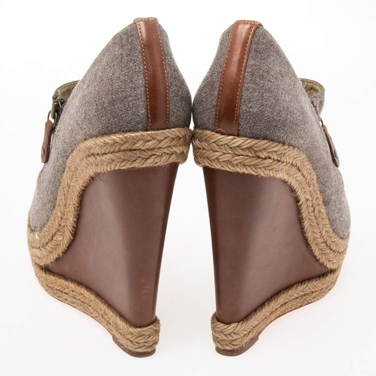 Pre Owned Christian Louboutin Grey Wool Deroba Espadrilles Wedge Sandals Size 40