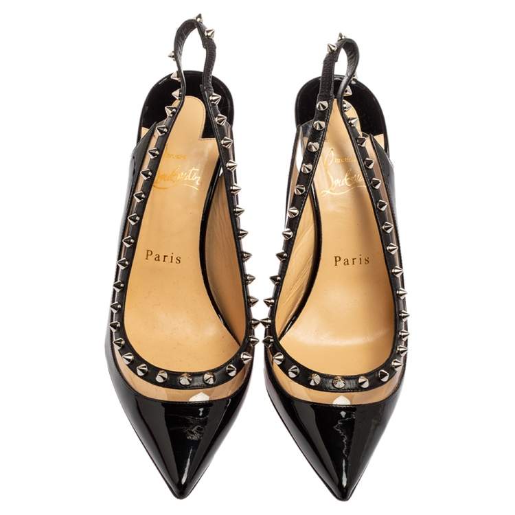 Pre Owned Christian Louboutin Black Patent Leather and PVC Brigadine Spike Slingback Pumps Size 38.5