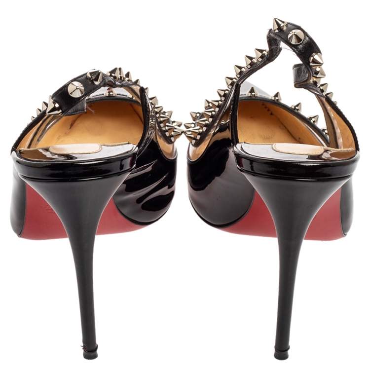 Pre Owned Christian Louboutin Black Patent Leather and PVC Brigadine Spike Slingback Pumps Size 38.5