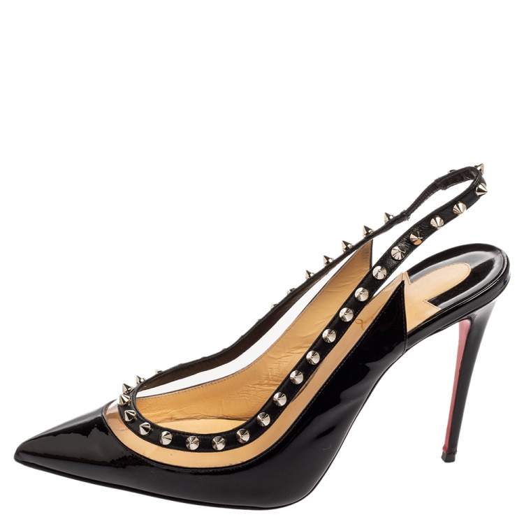 Pre Owned Christian Louboutin Black Patent Leather and PVC Brigadine Spike Slingback Pumps Size 38.5