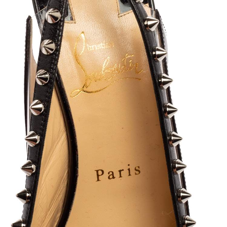 Pre Owned Christian Louboutin Black Patent Leather and PVC Brigadine Spike Slingback Pumps Size 38.5