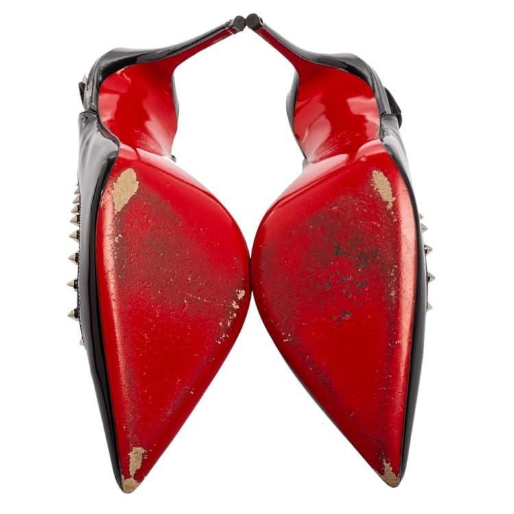 Pre Owned Christian Louboutin Black Patent Leather and PVC Brigadine Spike Slingback Pumps Size 38.5