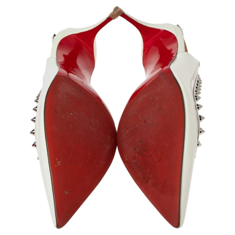 Pre Owned Christian Louboutin Off-White Patent Leather and PVC Brigandine Spike Slingback Pumps Size 38