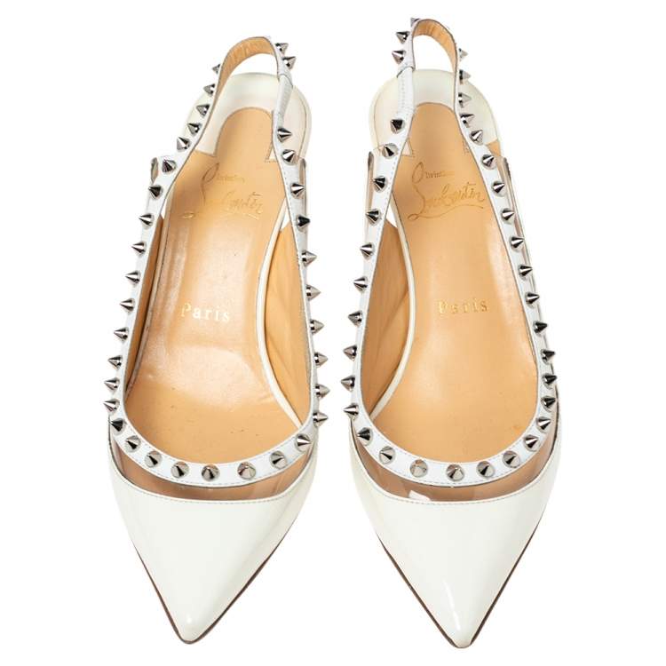 Pre Owned Christian Louboutin Off-White Patent Leather and PVC Brigandine Spike Slingback Pumps Size 38