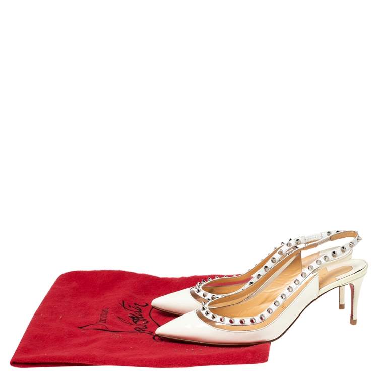 Pre Owned Christian Louboutin Off-White Patent Leather and PVC Brigandine Spike Slingback Pumps Size 38
