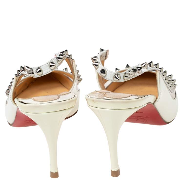 Pre Owned Christian Louboutin Off-White Patent Leather and PVC Brigandine Spike Slingback Pumps Size 38