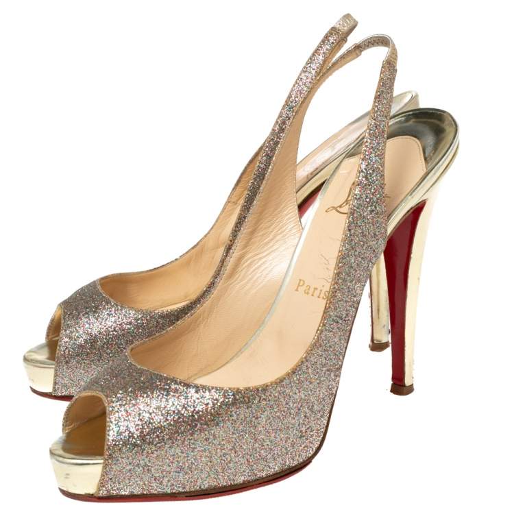 Pre Owned Christian Louboutin Multicolor Glitter Leather No Prive Peep-Toe Slingback Sandals Size 39