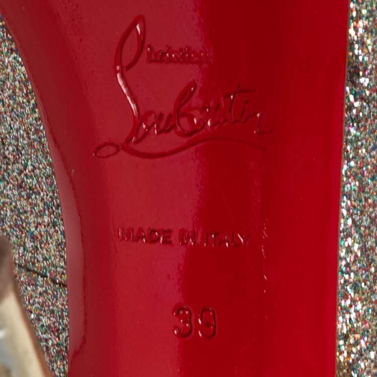 Pre Owned Christian Louboutin Multicolor Glitter Leather No Prive Peep-Toe Slingback Sandals Size 39