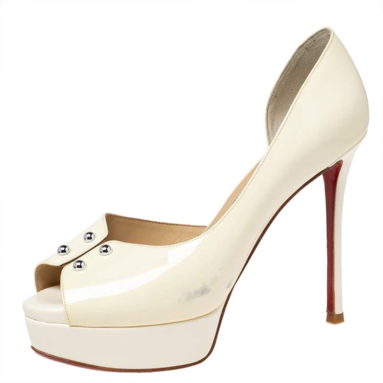 Pre Owned Christian Louboutin Cream Patent Leather D'orsay Peep-Toe Platform Pumps Size 39