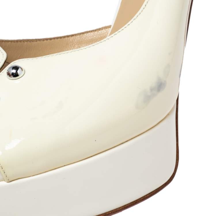 Pre Owned Christian Louboutin Cream Patent Leather D'orsay Peep-Toe Platform Pumps Size 39