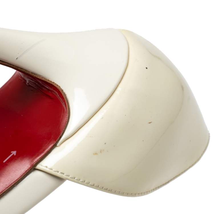Pre Owned Christian Louboutin Cream Patent Leather D'orsay Peep-Toe Platform Pumps Size 39