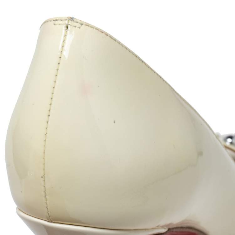 Pre Owned Christian Louboutin Cream Patent Leather D'orsay Peep-Toe Platform Pumps Size 39