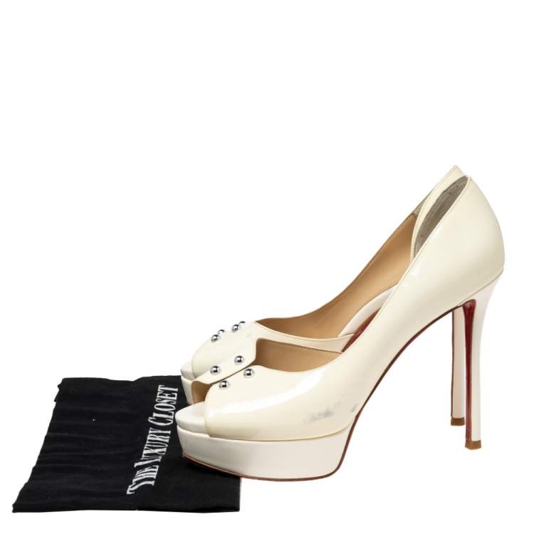 Pre Owned Christian Louboutin Cream Patent Leather D'orsay Peep-Toe Platform Pumps Size 39