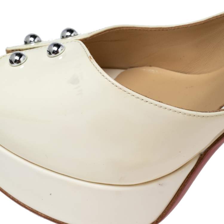 Pre Owned Christian Louboutin Cream Patent Leather D'orsay Peep-Toe Platform Pumps Size 39