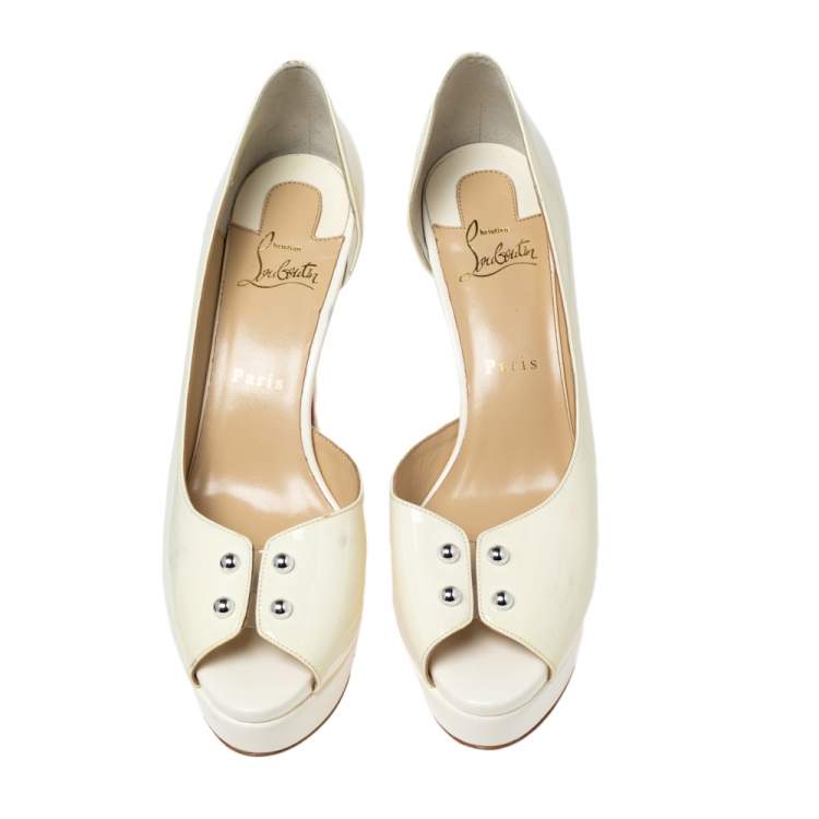 Pre Owned Christian Louboutin Cream Patent Leather D'orsay Peep-Toe Platform Pumps Size 39