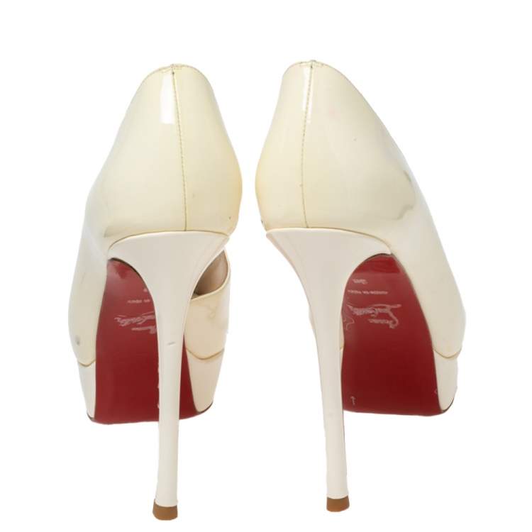 Pre Owned Christian Louboutin Cream Patent Leather D'orsay Peep-Toe Platform Pumps Size 39
