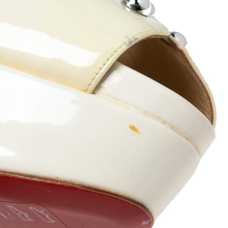 Pre Owned Christian Louboutin Cream Patent Leather D'orsay Peep-Toe Platform Pumps Size 39