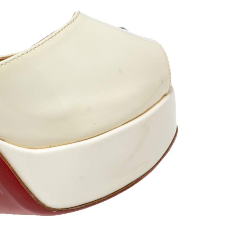 Pre Owned Christian Louboutin Cream Patent Leather D'orsay Peep-Toe Platform Pumps Size 39