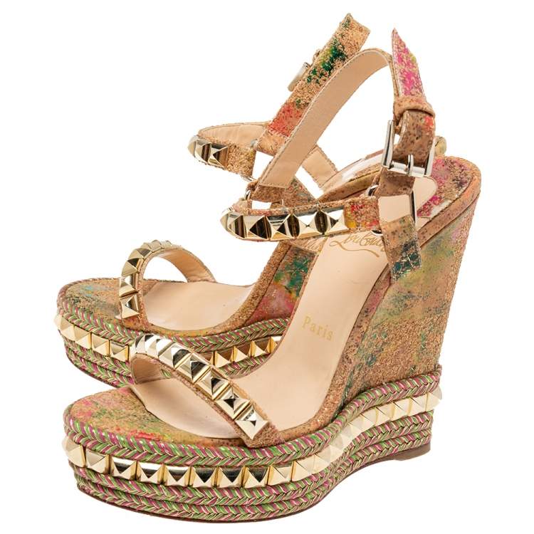 Pre Owned Christian Louboutin Multicolor Nubuck Leather Studded  Cataclou Espadrille  Sandals Size 37 